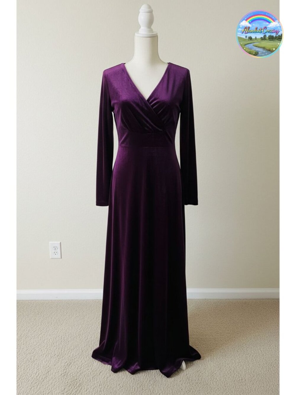Women Long Sleeve V-Neck Velvet Stretchy Maxi Formal Dress